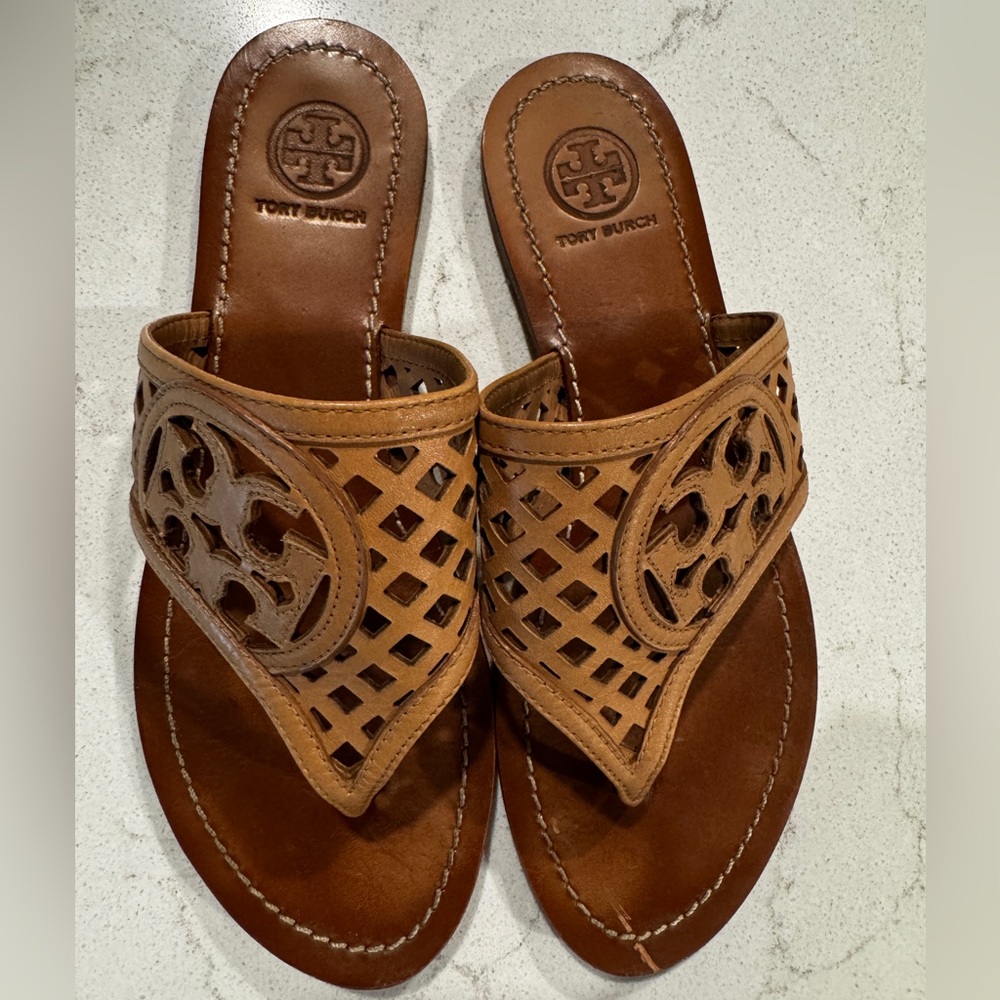 Tory Burch Tan Leather Cutout Miller Sandals